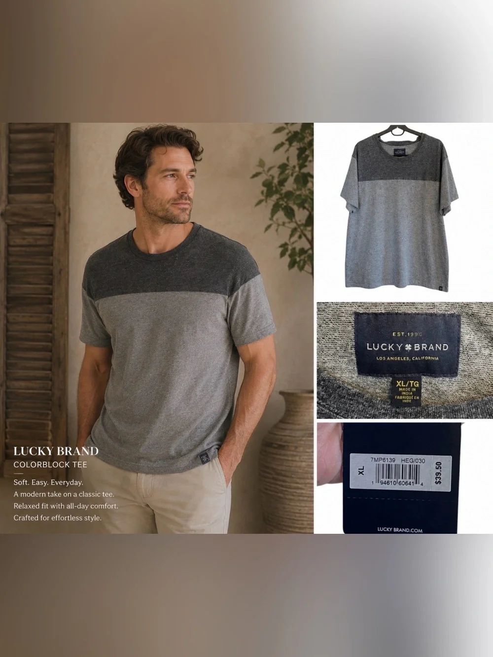 NWT Lucky Brand Men’s Colorblock Crew Neck T-Shirt Gray XL Casual Short Sleeve